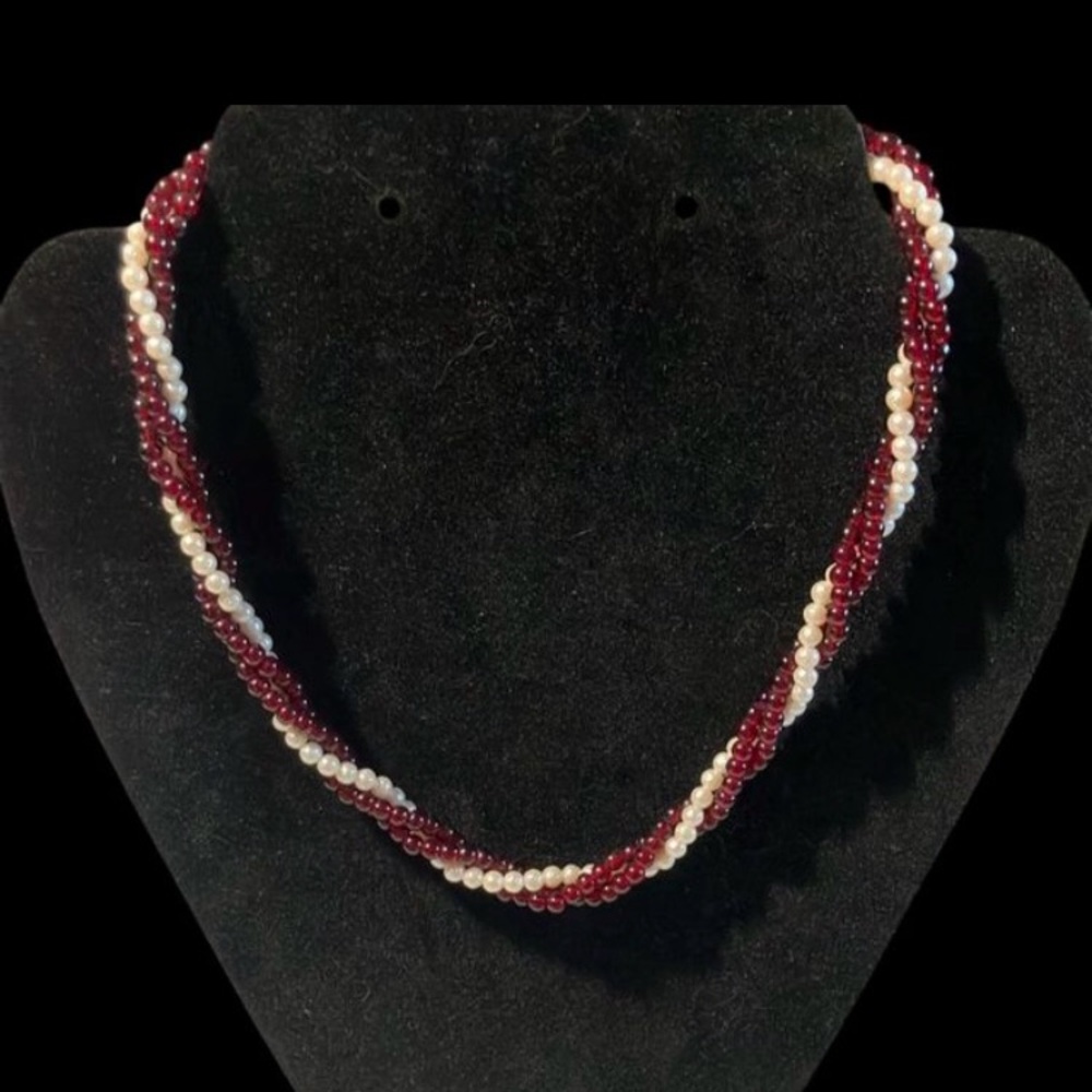Vintage Dark Red Acrylic and Faux Pearl Twist Necklace